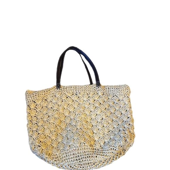 IZOD Women's Beige Straw Tote Bag with Brown Leather Handles - Boho Summer Style - Picture 1 of 8